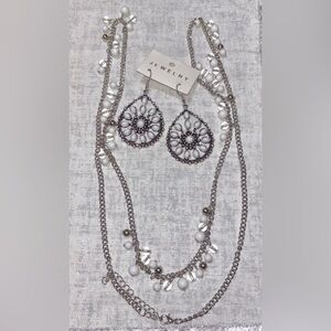 Elegant White Filigree Teardrop Earrings Necklace Set - Women Jewelry